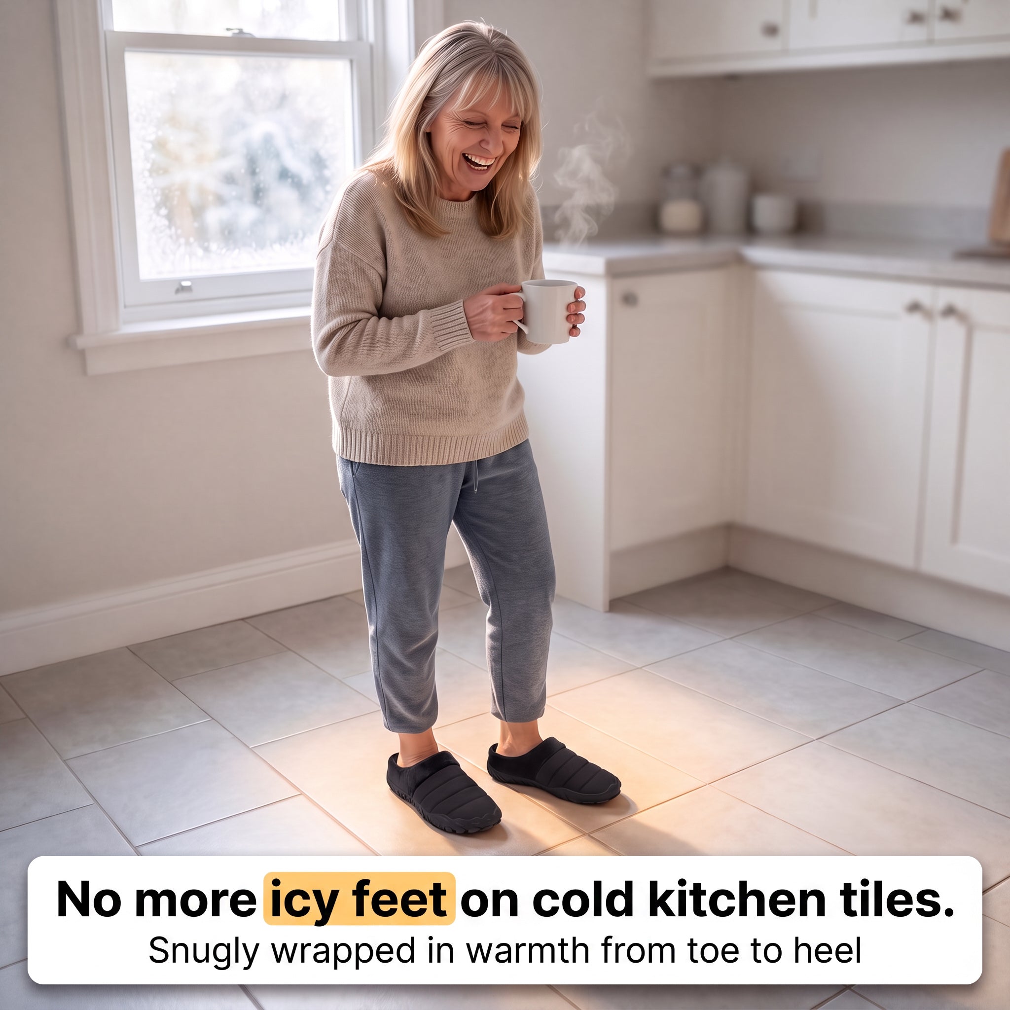 Cosy Max Slippers, warm feet on cold kitchen tiles