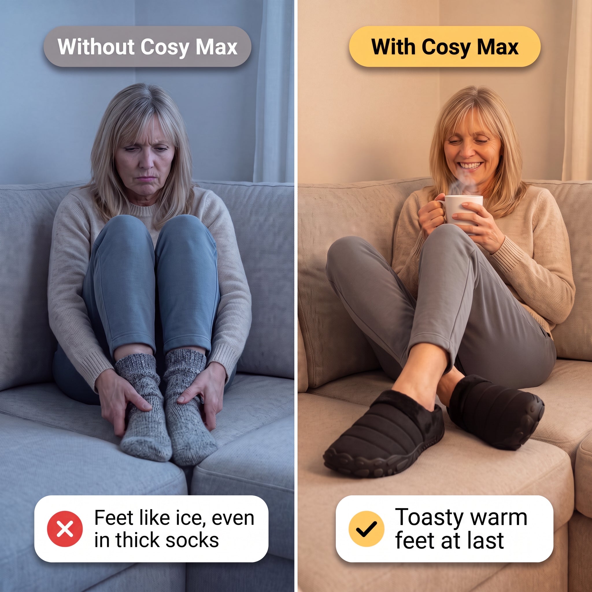 Cosy Max Slippers, without and with Cosy Max compared