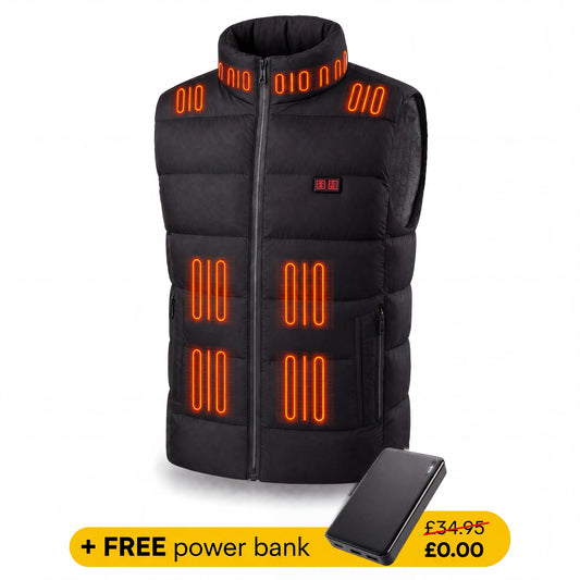 SmartHeat Heated Gilet in black, product shot with free power bank