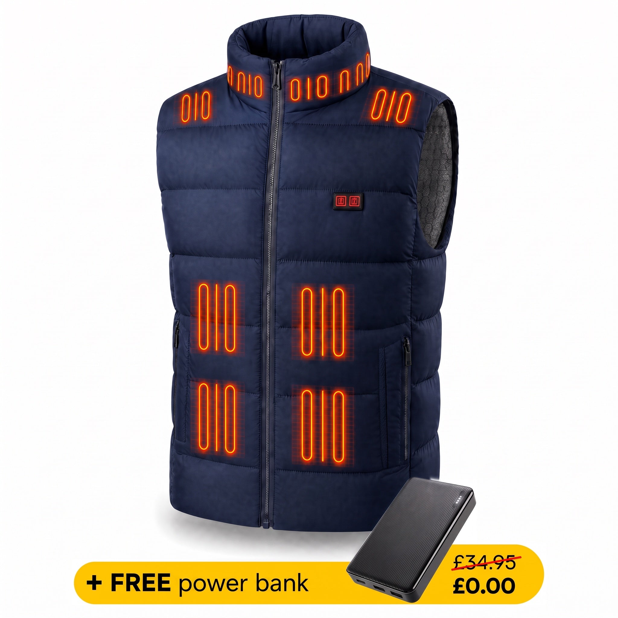 SmartHeat Heated Gilet in navy, product shot with free power bank