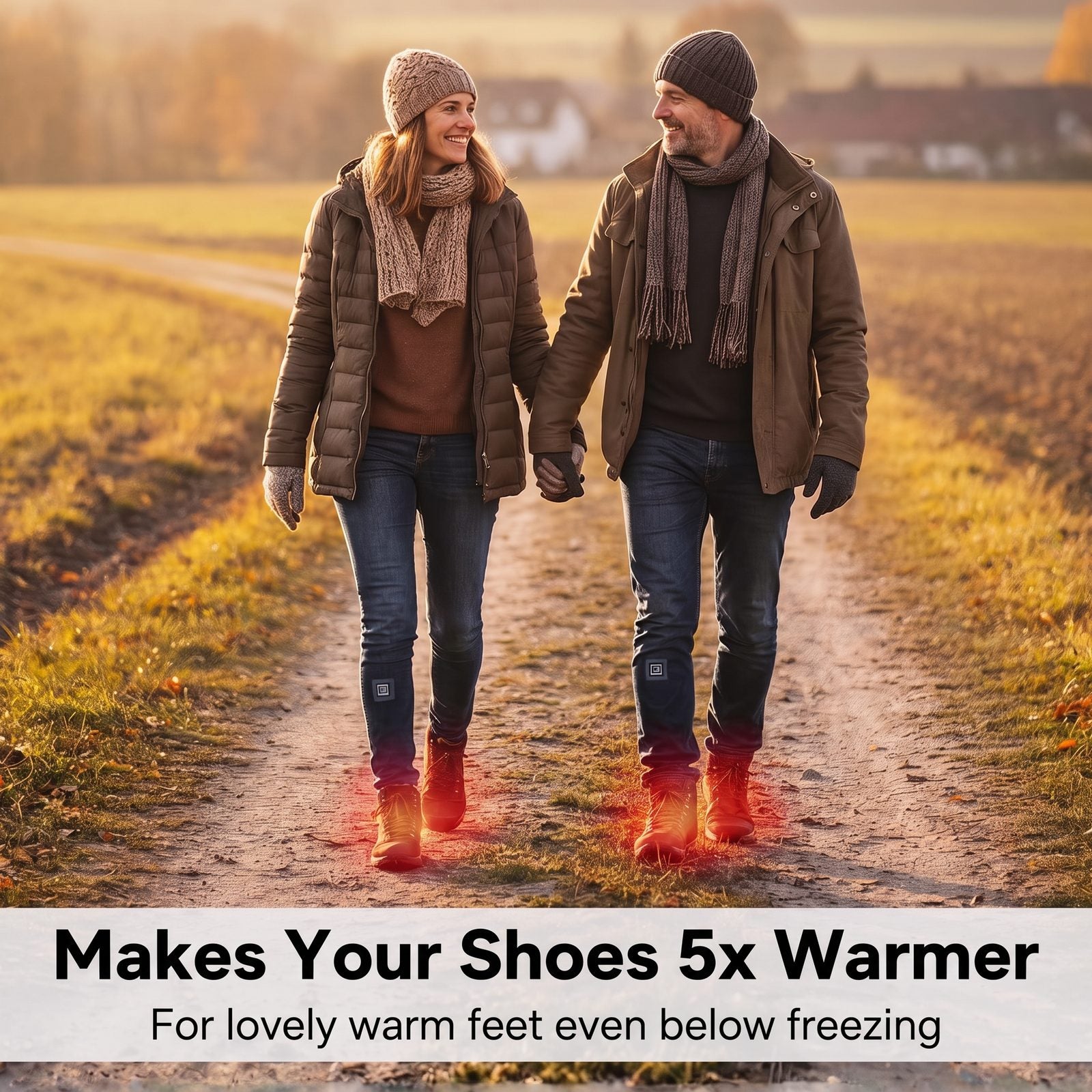 SmartHeat Heated Socks on a winter walk, makes your shoes 5x warmer