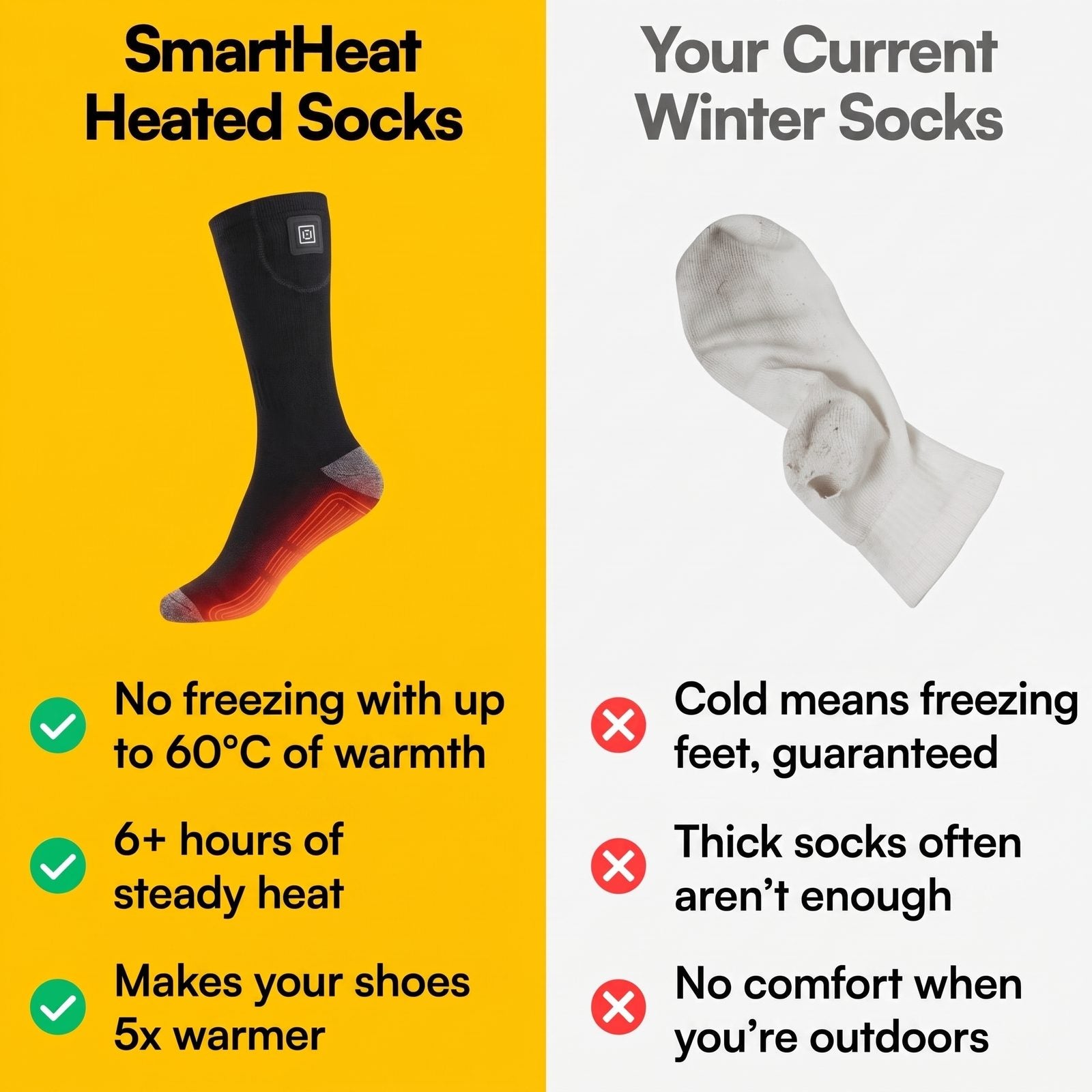 SmartHeat Heated Socks compared with ordinary winter socks